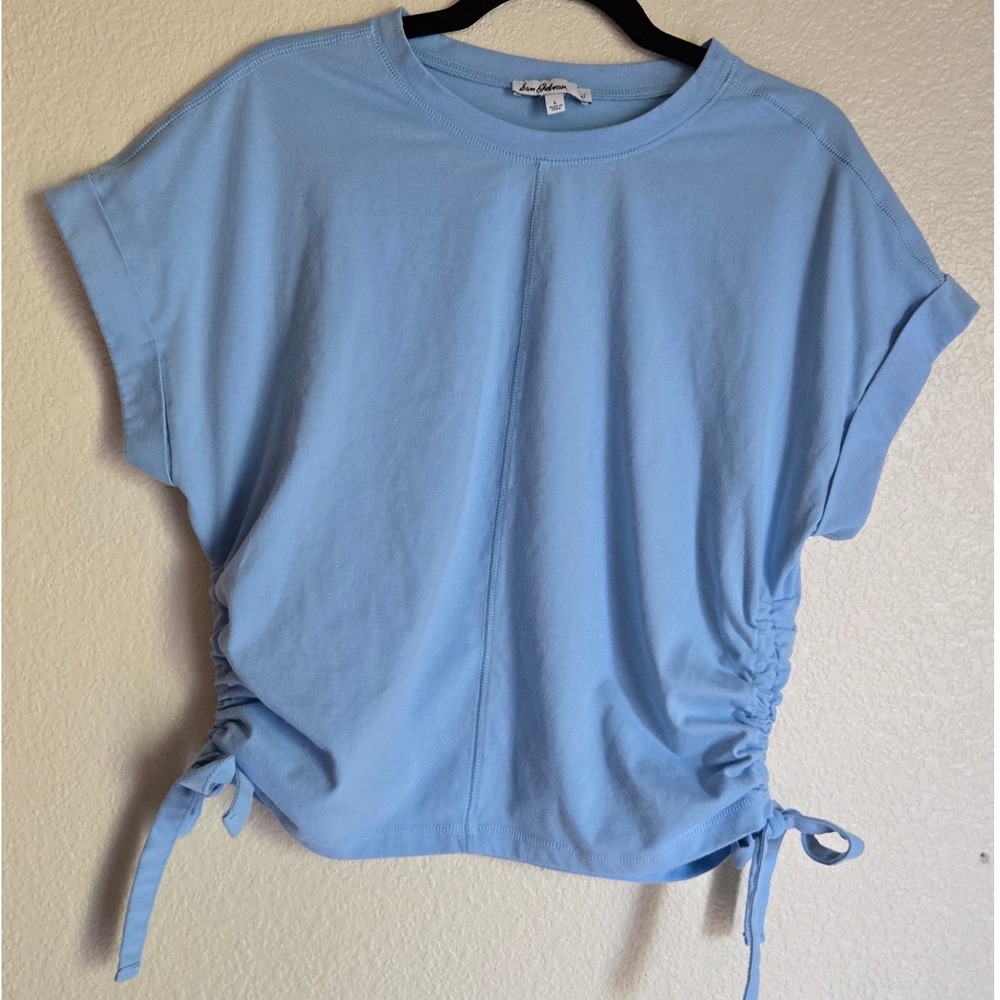 Sam Edelman Women Light Blue Ruched Side Drawstring Short Sleeve Tee Shirt Sz L